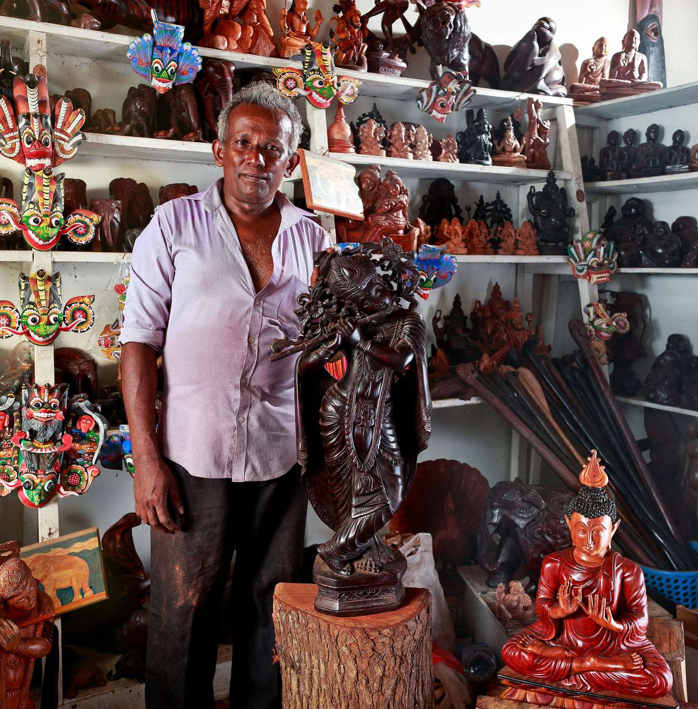 Traditional wood carving craftsmanship near Kandy, Sri Lanka