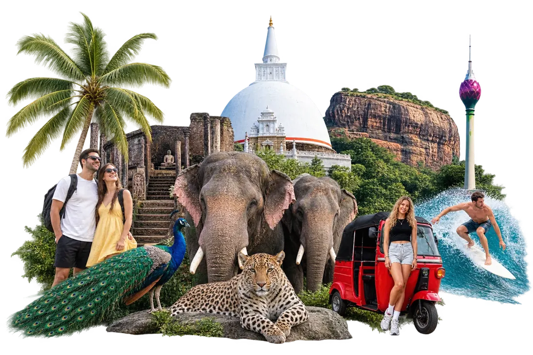 Collage of Sri Lanka travel highlights: a couple exploring ancient ruins, a peacock, elephants, a leopard, the Ruwanwelisaya stupa, Sigiriya Rock Fortress, a tuk-tuk, the Colombo Lotus Tower and a surfer
